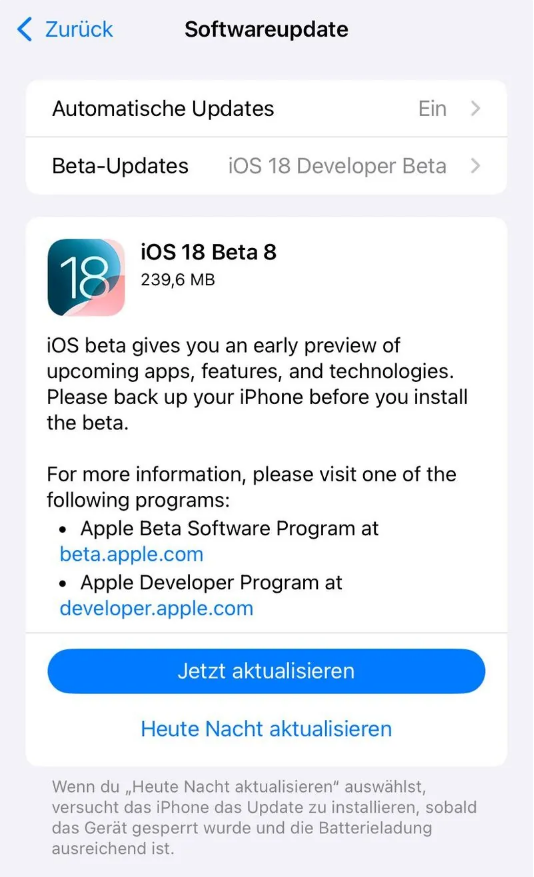 福山镇苹果手机维修分享苹果 iOS / iPadOS 18 开发者预览版 Beta 8 发布 
